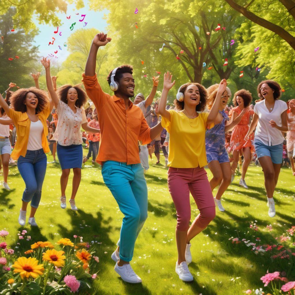 A vibrant and colorful scene depicting people of diverse backgrounds joyfully dancing in a sunlit park, surrounded by blooming flowers and musical notes floating in the air. Captured moments of laughter, celebration, and connection, with headphones on some and a portable speaker nearby. The essence of happiness and music intertwining in a lively atmosphere. super-realistic. vibrant colors. harmonious composition.