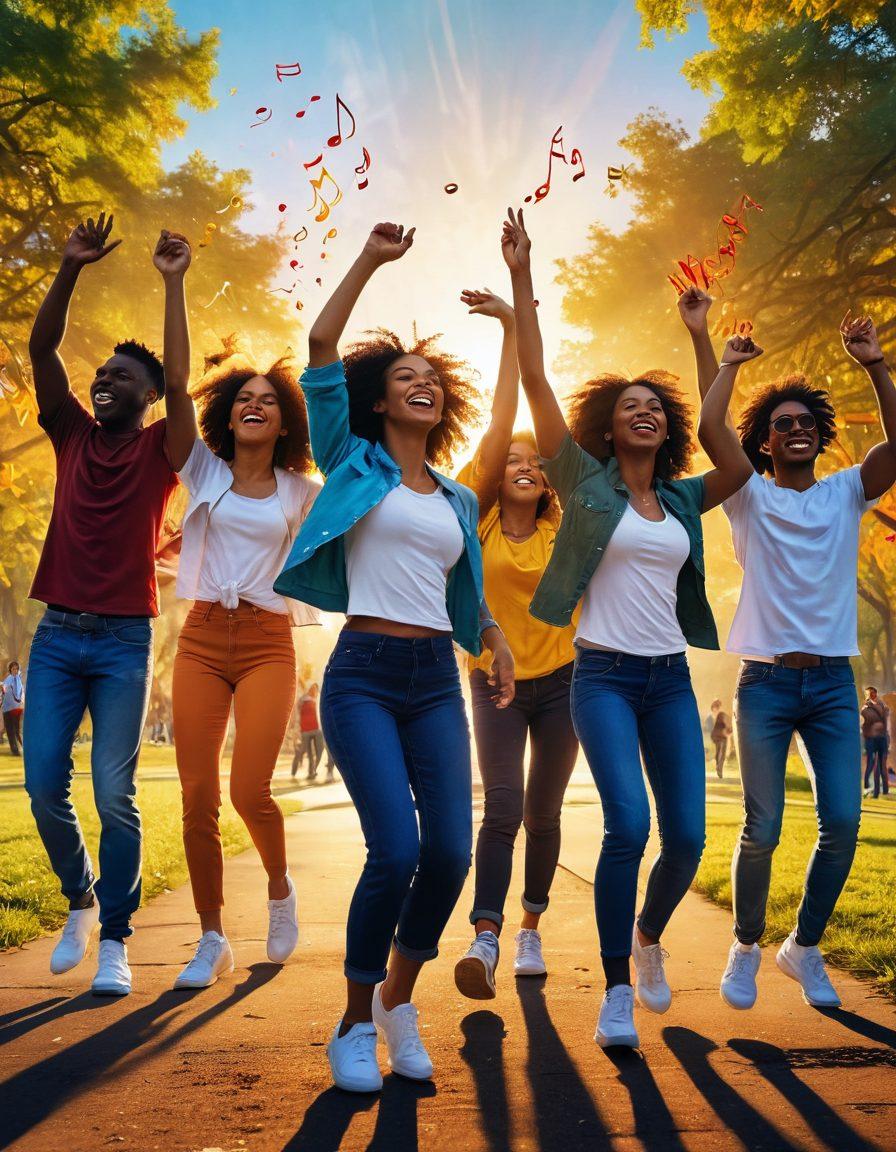 A dynamic scene depicting a diverse group of people joyfully dancing in an urban park, with colorful musical notes swirling around them, creating a feeling of euphoria. The sun is setting, casting a warm golden glow, and vibrant splashes of color radiate from the individuals, symbolizing the transformation through music. Incorporate elements like headphones, vinyl records, and abstract sound waves to enhance the musical theme. super-realistic. vibrant colors. dynamic composition.