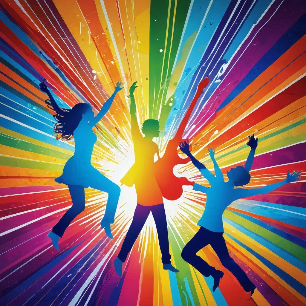 A colorful and dynamic representation of musical notes dancing through the air, surrounded by radiant abstract patterns symbolizing happiness and joy. Incorporate elements like a sunbeam and swirling colors to evoke energy and positivity. Add silhouettes of people joyfully engaging with music, highlighting diverse instruments like guitars and drums. The background should be filled with vibrant hues, blending from cheerful yellows to lively blues. psychedelic art, vibrant colors.
